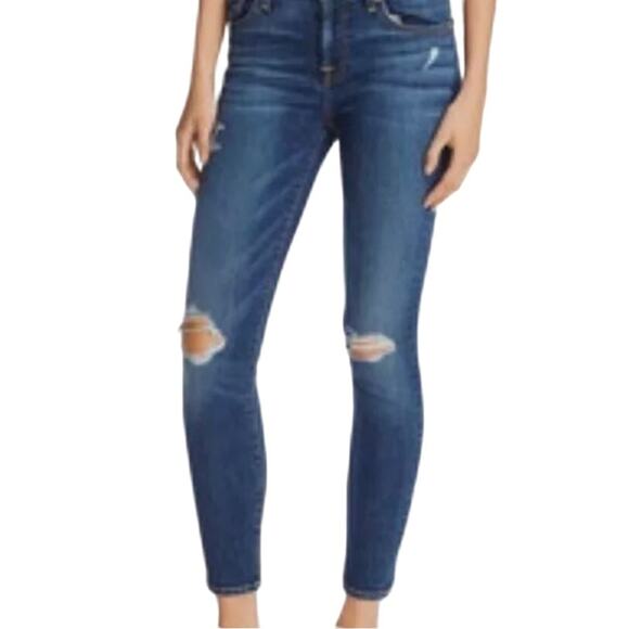 7 For All Mankind The Ankle Skinny Distressed Torn Knee Y2K Blue Denim Jeans 25 - Picture 1 of 14